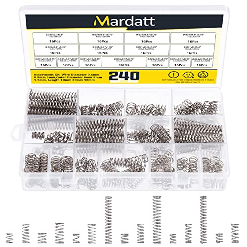 Mardatt 240 Pcs 15 Size Compression Springs Assortment Kit Mini Stainless Steel Springs with Case Wire Diameter 0.6mm 0.8mm 1mm, Outer Diameter 8mm 9mm 9.5mm, Length 10mm 20mm 50mm - Image 1