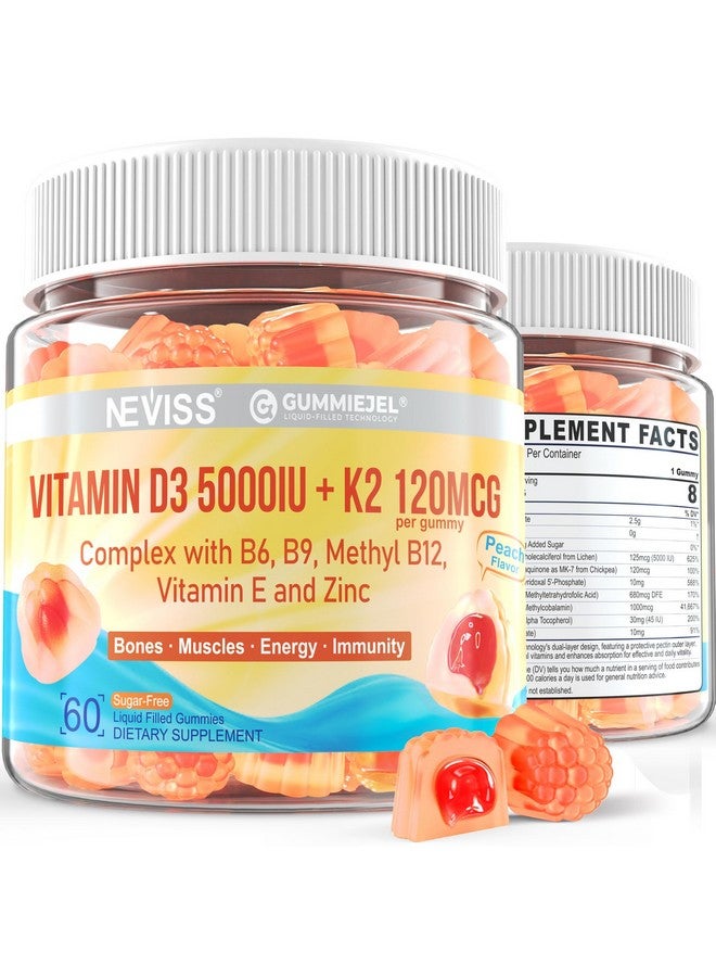 NEVISS Vitamin D3 5000IU + K2 (MK-7) 120mcg, Sugar-Free Vitamin D3 K2 Filled Gummies with Vitamin B Complex - Methyl B12, B9, B6 | Vitamin E & Zinc, MCT Oil - Supports Bone & Teeth Strength, Immune, 1PACK - Image 1