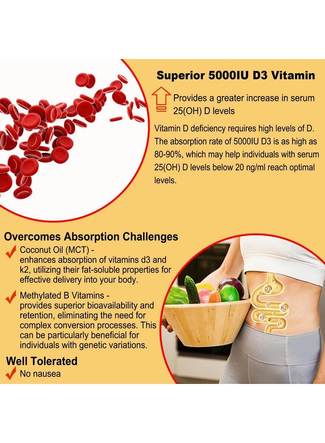 NEVISS Vitamin D3 5000IU + K2 (MK-7) 120mcg, Sugar-Free Vitamin D3 K2 Filled Gummies with Vitamin B Complex - Methyl B12, B9, B6 | Vitamin E & Zinc, MCT Oil - Supports Bone & Teeth Strength, Immune, 1PACK - Image 5