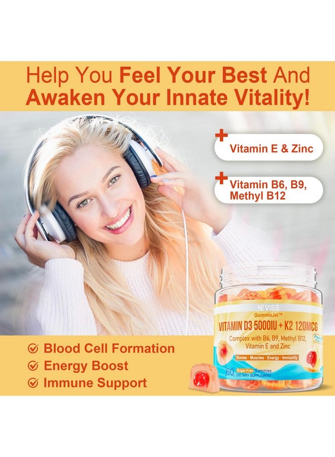 NEVISS Vitamin D3 5000IU + K2 (MK-7) 120mcg, Sugar-Free Vitamin D3 K2 Filled Gummies with Vitamin B Complex - Methyl B12, B9, B6 | Vitamin E & Zinc, MCT Oil - Supports Bone & Teeth Strength, Immune, 1PACK - Image 4