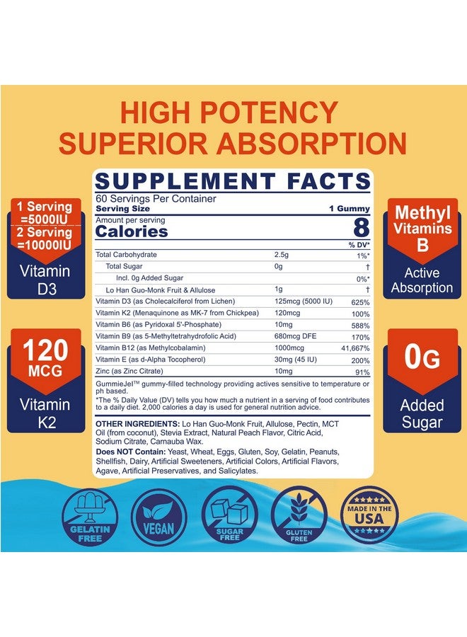 NEVISS Vitamin D3 5000IU + K2 (MK-7) 120mcg, Sugar-Free Vitamin D3 K2 Filled Gummies with Vitamin B Complex - Methyl B12, B9, B6 | Vitamin E & Zinc, MCT Oil - Supports Bone & Teeth Strength, Immune, 1PACK - Image 2