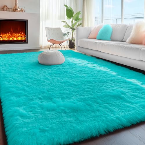 PAGISOFE Soft Fluffy Teal Area Rugs for Bedroom Kids Room Living Room Rug Shag Furry Carpet for Boys Girls Room Modern Plush Decorative Nursery Rugs Solid Accent Floor Rugs Dorm 4' x 6', Blue - Image 1