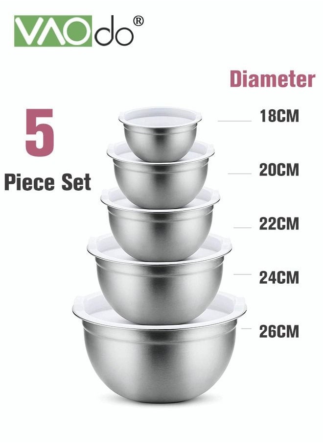 VAOdo - 5 Pieces Mixing Round Bowl Stainless Steel Mixing Bowl Set With Lid Salad Dough Baking Bowl Silver 18 20 22 24 26 Cm Set Bowl - Image 1