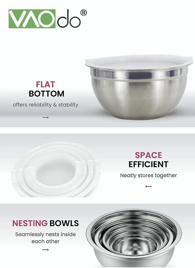 VAOdo - 5 Pieces Mixing Round Bowl Stainless Steel Mixing Bowl Set With Lid Salad Dough Baking Bowl Silver 18 20 22 24 26 Cm Set Bowl - Image 1