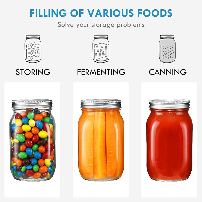 YEBODA 6 Pack Wide Mouth Mason Jars 32oz Glass Canning Jars with Airtight Lids and Bands for Preserving, Jam, Honey, Jelly, Wedding Favors, Sauces, Meal Prep, Overnight Oats, Salad, Yogurt - Image 5