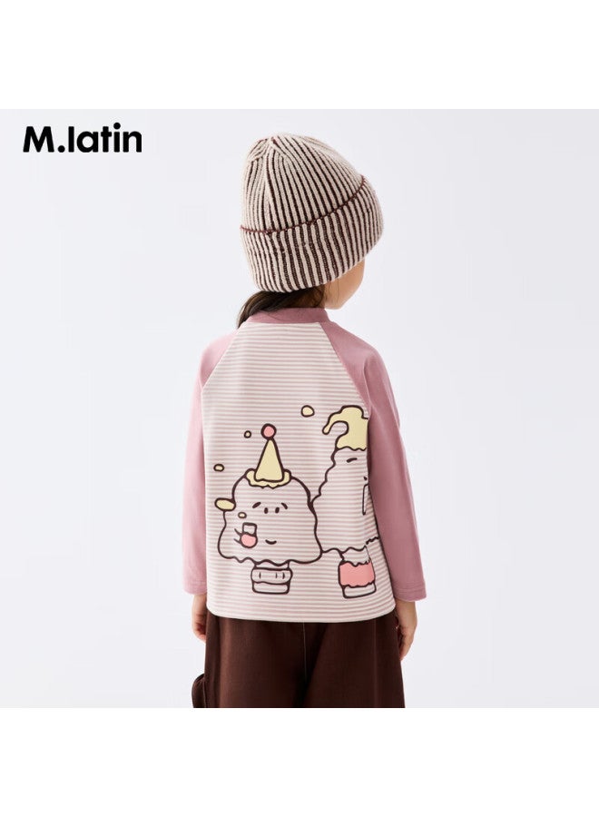 M.latin Kids Children's T-shirt 25 Winter New Boys And Girls Toddler German Velvet Striped Splice Half High Collar T-shirt - Image 1