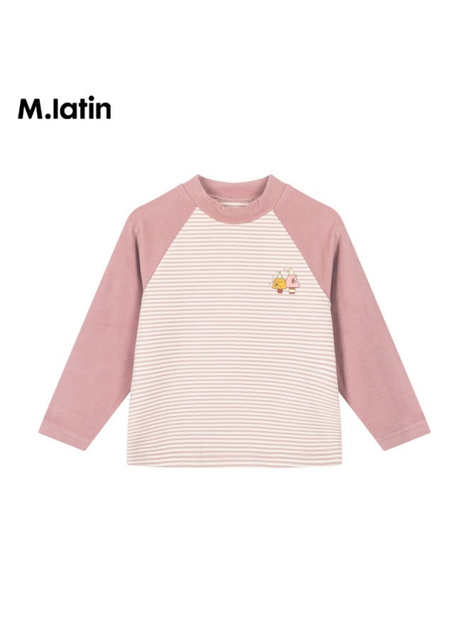 M.latin Kids Children's T-shirt 25 Winter New Boys And Girls Toddler German Velvet Striped Splice Half High Collar T-shirt - Image 3