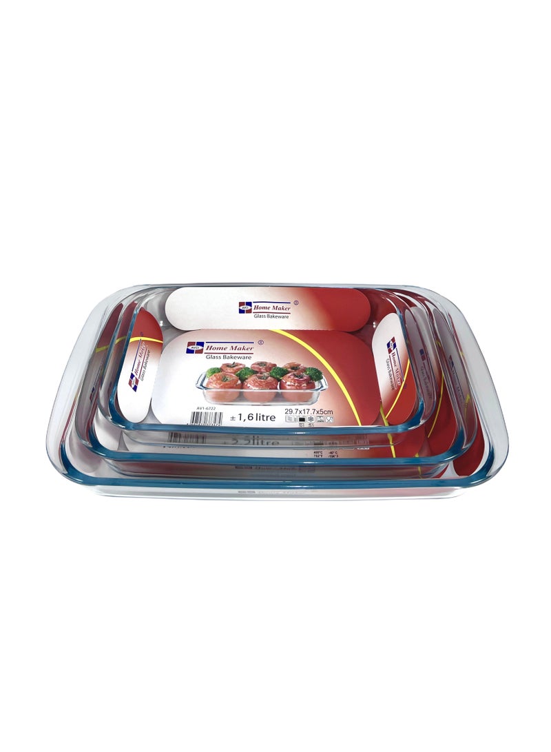 Homemaker 3 Pieces Rectangular Glass Baking Dish Set 2.9 Lt + 2.2 Lt + 1.6 Lt Capacity - Clear  - Image 4
