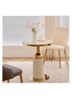 AWD Round Side Table Corner Table for Living Room Gold Stainless Steel Base and Leather, Wood Top with Marble Pattern Space-Saving End Table - 70cm Diameter x75cm Height  - Image 1