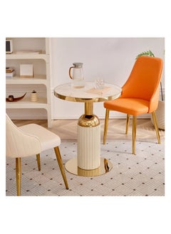 AWD Round Side Table Corner Table for Living Room Gold Stainless Steel Base and Leather, Wood Top with Marble Pattern Space-Saving End Table - 70cm Diameter x75cm Height  - Image 2