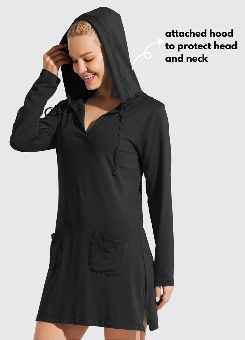 Willit Women's Long Sleeve Cotton Swim Cover Up UPF 50+ SPF Dress Hooded with Pockets Sun Protection Beach Coverup Black XL - Image 5