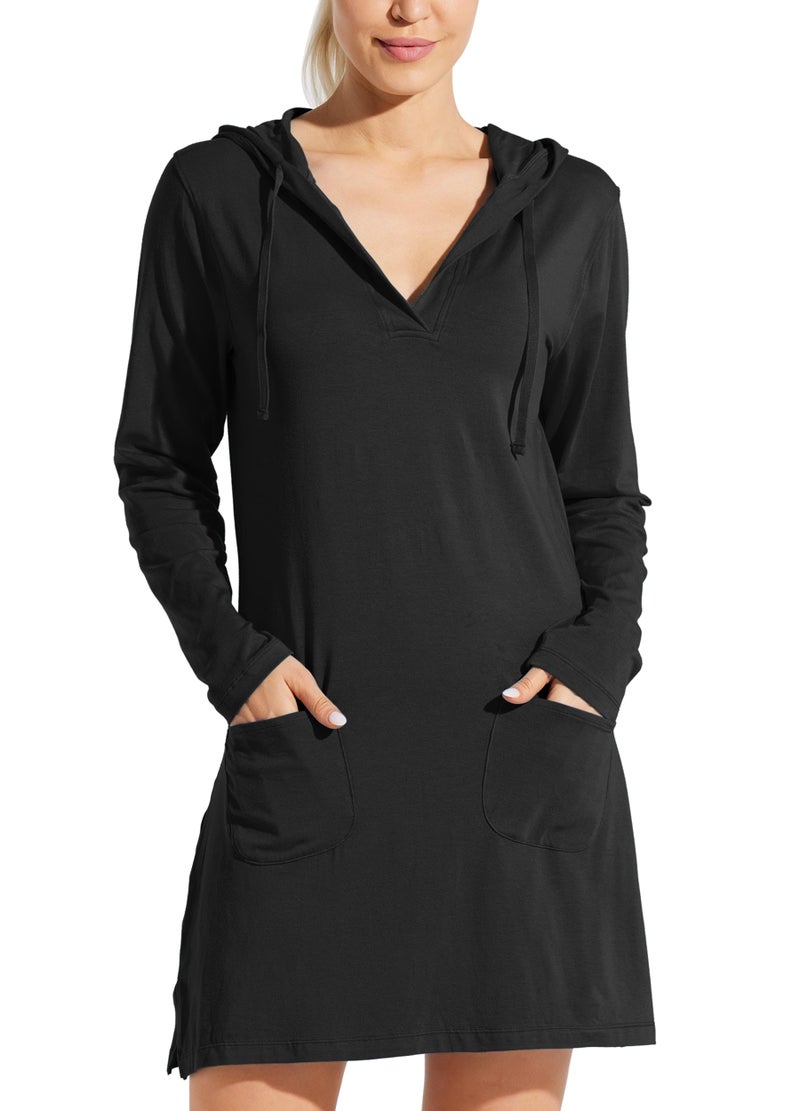 Willit Women's Long Sleeve Cotton Swim Cover Up UPF 50+ SPF Dress Hooded with Pockets Sun Protection Beach Coverup Black XL - Image 1