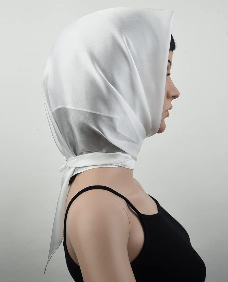 corciova White 35 x 35 Solid Color Square Silk Like Head Hair Scarf Stain Neck Wrapping - Image 2
