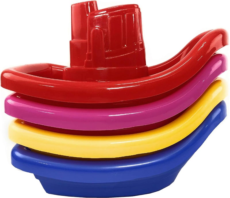 Matty's Toy Stop Matty's Toy Stop Plastic Nesting/Stacking Tug Boats (11"") Red  Blue  Pink & Yellow Gift Set Bundle  Perfect for Bath  Pool  Beach Etc. - 4 Pack  - Image 1