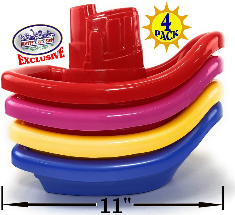 Matty's Toy Stop Matty's Toy Stop Plastic Nesting/Stacking Tug Boats (11"") Red  Blue  Pink & Yellow Gift Set Bundle  Perfect for Bath  Pool  Beach Etc. - 4 Pack  - Image 2