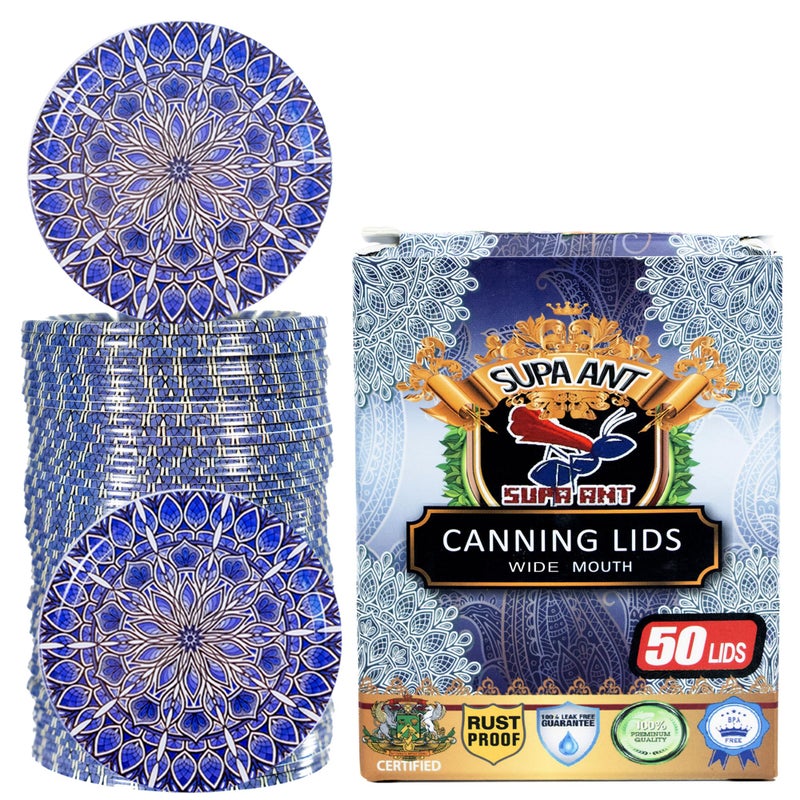 Supa Ant أغطية علب كانينغ سوبر أنتيك الأكثر سمكًا (50 قطعة) أغطية علب طعام من الدرجة الغذائية - غطاء مقاوم للانحناء ومقاوم للصدأ لمجموعة تعليب لجرار ميسون ذات الفم العريض (لوحة جدارية زرقاء) مستلزمات التعليب - Image 1