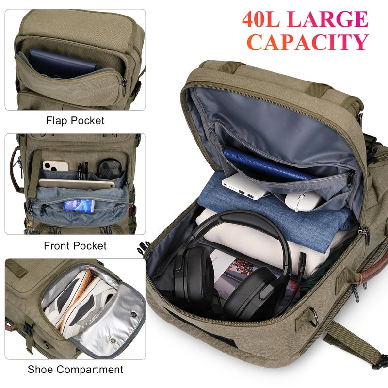 WITZMAN Travel Backpack for Men 40L Large Carry-on Airline Approved Convertible 3 in 1 laptop Bags Fit 17 inch(A8013 Army Green) - Image 3