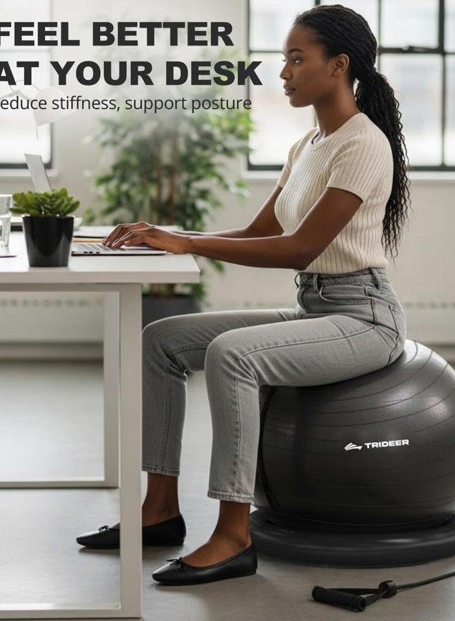 Trideer (65cm, Black) - Ball Chair, Exercise Stability Yoga Ball with Base & Resistance Bands for Home and Office Desk, Flexible Ball Seat with Pump, Improves Balance, Core Strength & Posture - Image 2