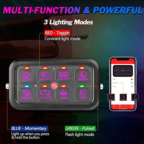 Niking Auto RGB 8 Gang Switch Panel Bluetooth 8 Switch Pods Relay System Box Multifunction 3 Modes Toggle Momentary Pulsed Dimmable Touch Switches for Trucks RV Boat Off Road ATV UTV SUV RZR Boat - Image 2