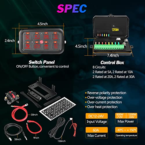 Niking Auto RGB 8 Gang Switch Panel Bluetooth 8 Switch Pods Relay System Box Multifunction 3 Modes Toggle Momentary Pulsed Dimmable Touch Switches for Trucks RV Boat Off Road ATV UTV SUV RZR Boat - Image 5