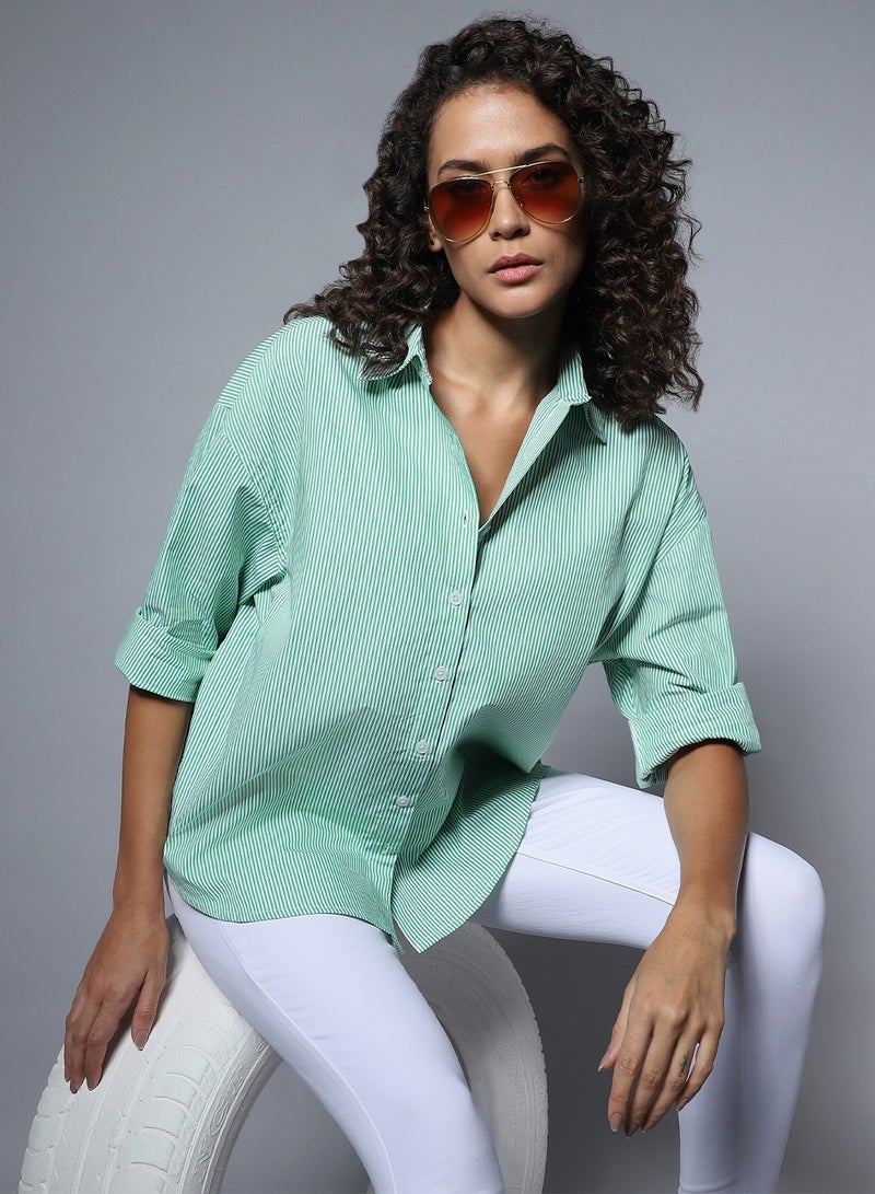 HIGH STAR Stripe Boxy Longline Shirt for Women, Full Sleeve, Spread Collar, Cotton  - Image 1