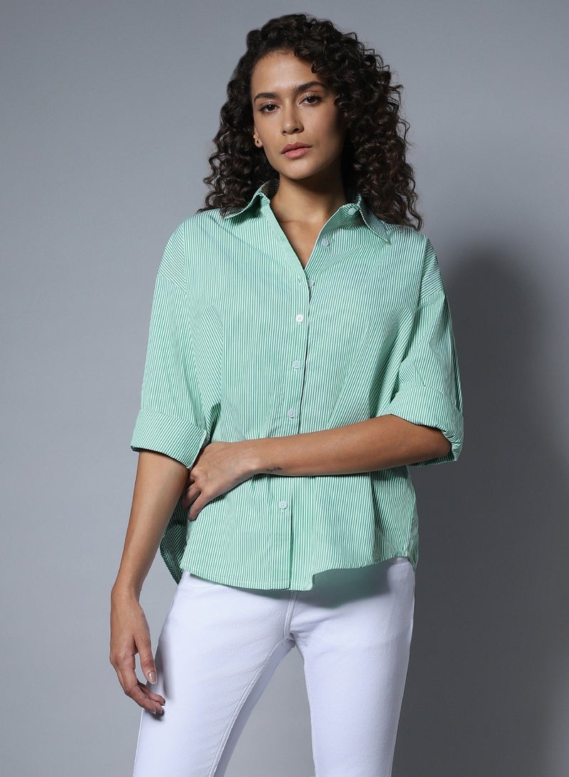 HIGH STAR Stripe Boxy Longline Shirt for Women, Full Sleeve, Spread Collar, Cotton  - Image 2