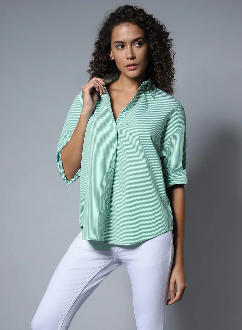 HIGH STAR Stripe Boxy Longline Shirt for Women, Full Sleeve, Spread Collar, Cotton