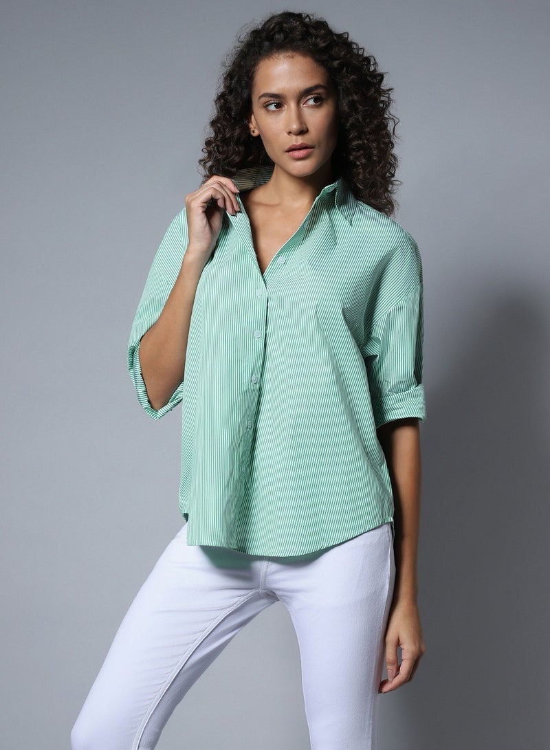 HIGH STAR Stripe Boxy Longline Shirt for Women, Full Sleeve, Spread Collar, Cotton  - Image 3