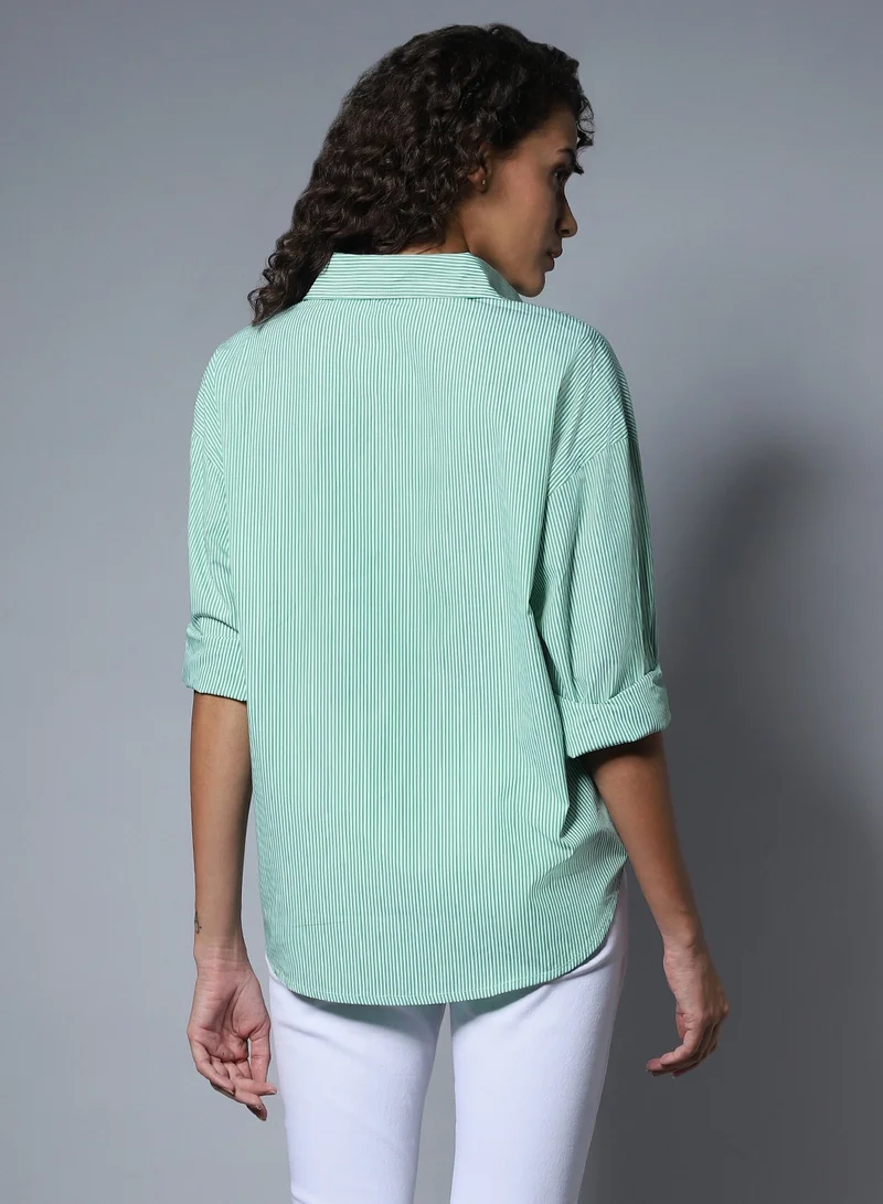 HIGH STAR Stripe Boxy Longline Shirt for Women, Full Sleeve, Spread Collar, Cotton