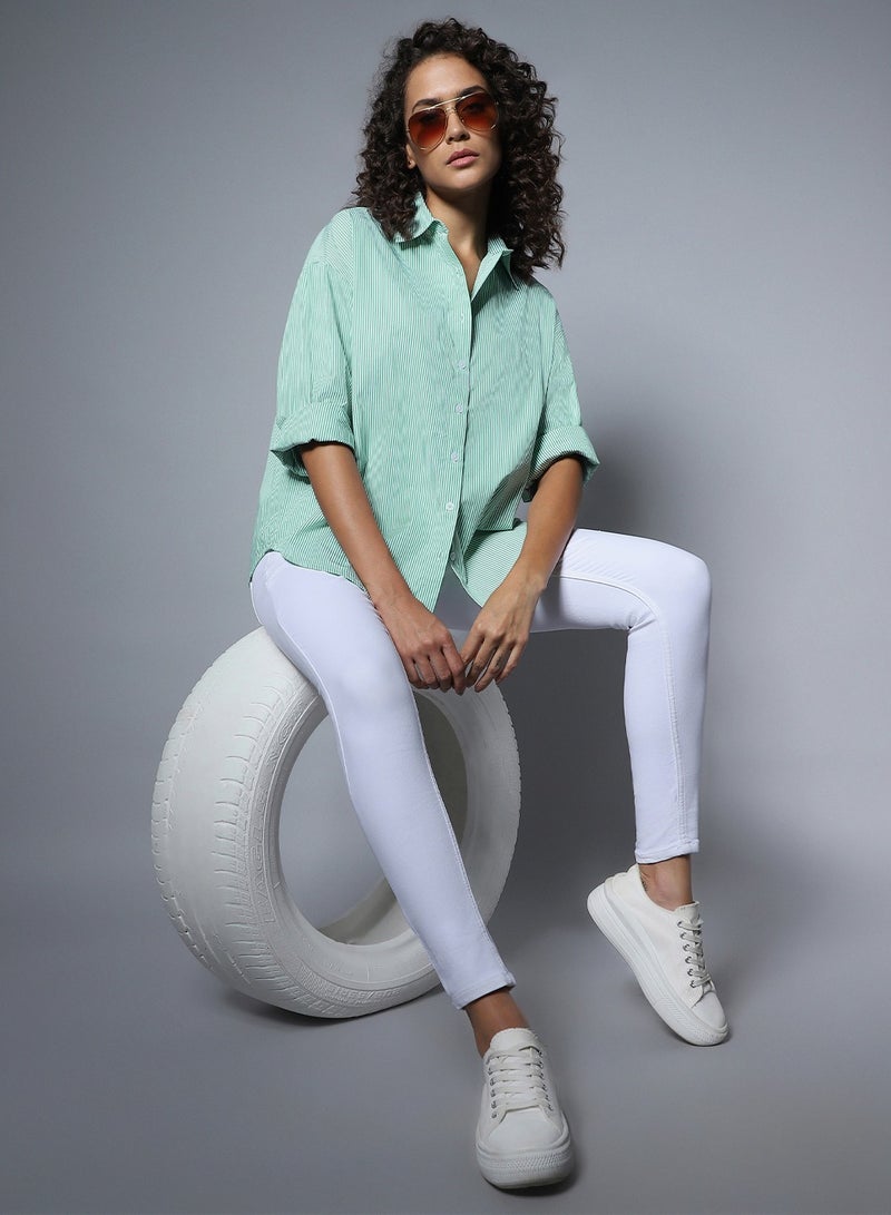 HIGH STAR Stripe Boxy Longline Shirt for Women, Full Sleeve, Spread Collar, Cotton  - Image 5