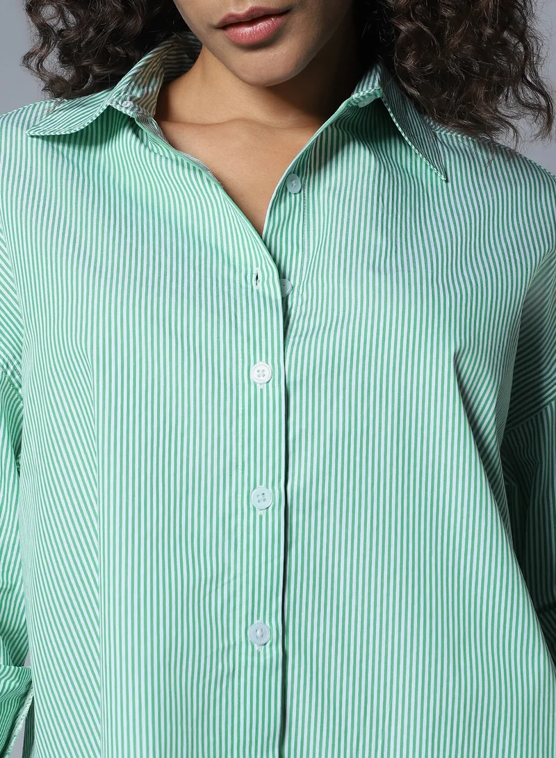 HIGH STAR Stripe Boxy Longline Shirt for Women, Full Sleeve, Spread Collar, Cotton