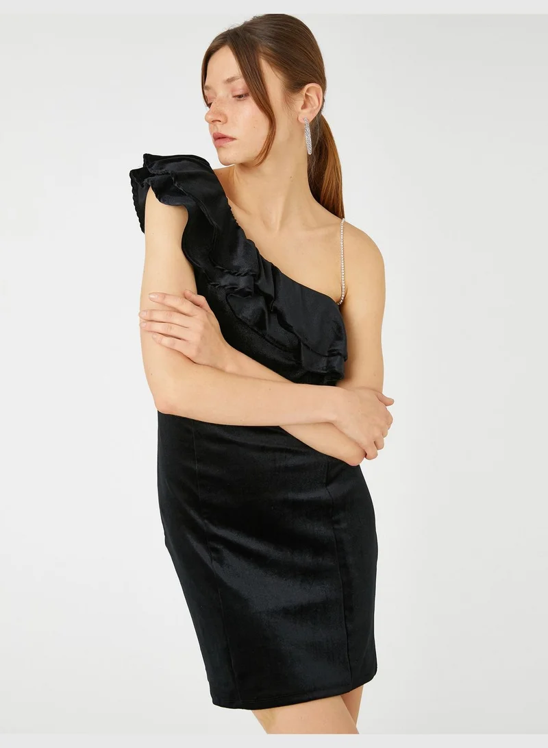 KOTON Velvet Mini Party Dress One Shoulder Voluminous Jewel Detail
