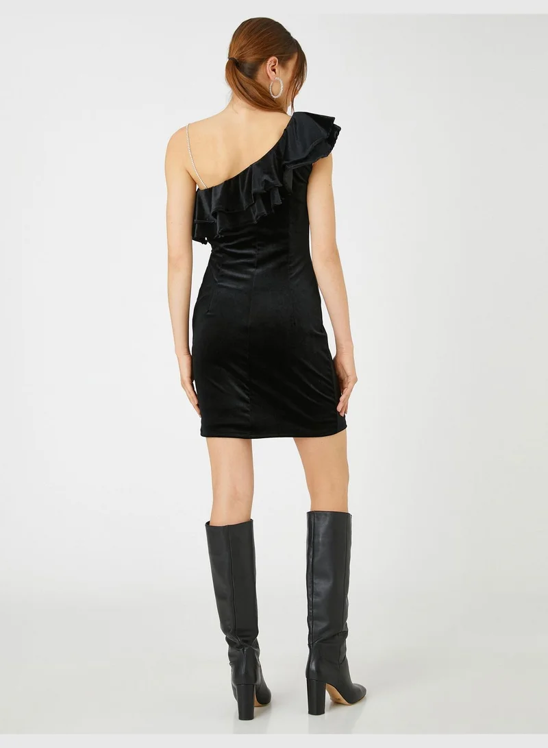 KOTON Velvet Mini Party Dress One Shoulder Voluminous Jewel Detail