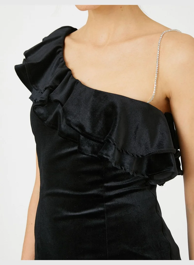 KOTON Velvet Mini Party Dress One Shoulder Voluminous Jewel Detail