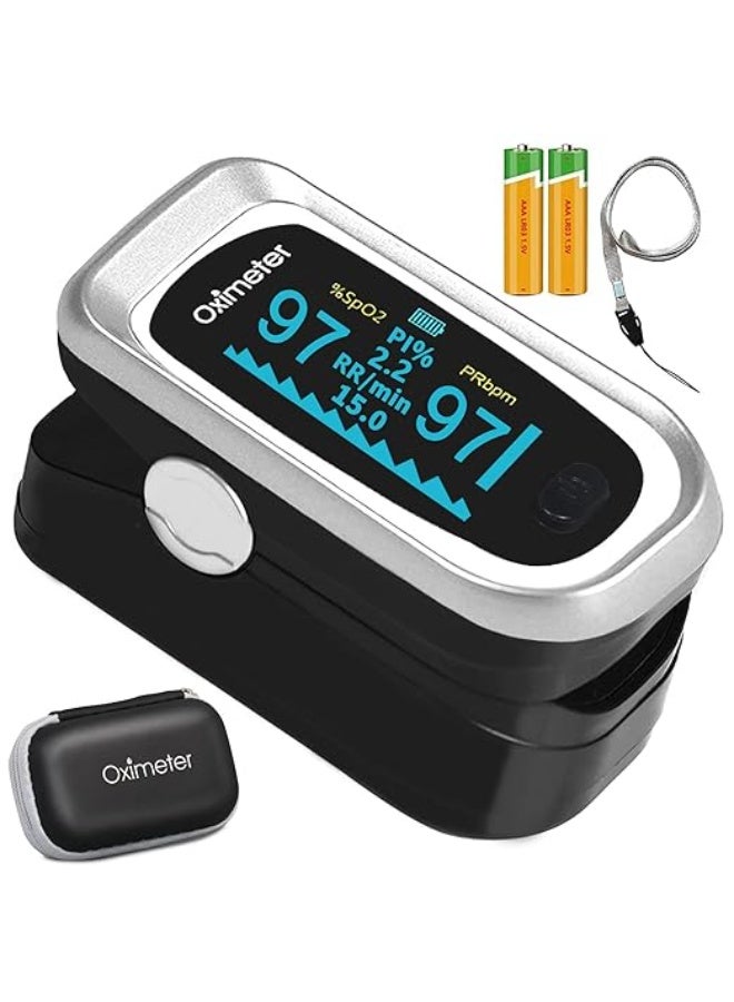 جهاز قياس الأكسجين ونبضات القلب من الإصبع – يعرض 4 بيانات (الأكسجين – النبض – معدل التنفس – مؤشر القوة) – شاشة OLED – يشمل بطاريات وحقيبة تعليق – أسود فضي - Image 1