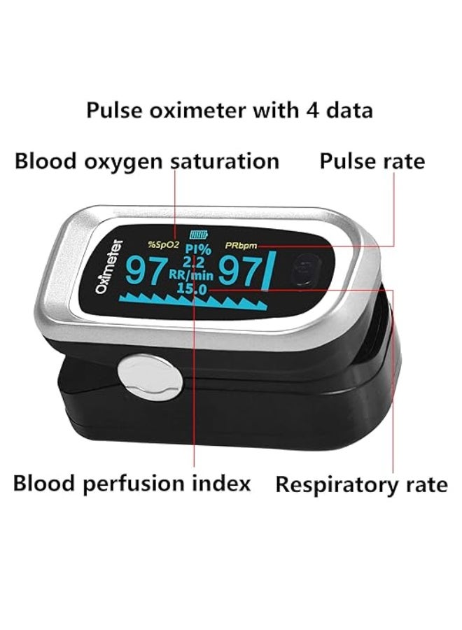 جهاز قياس الأكسجين ونبضات القلب من الإصبع – يعرض 4 بيانات (الأكسجين – النبض – معدل التنفس – مؤشر القوة) – شاشة OLED – يشمل بطاريات وحقيبة تعليق – أسود فضي - Image 2