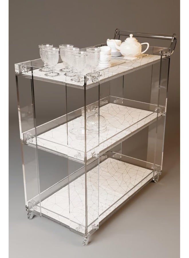 Horoof Market Luxury Acrylic Bar Cart – 3-Tier Transparent Serving Trolley with Wheels & Handle, 10mm Thick Design, 90x70x45 cm  - Image 3