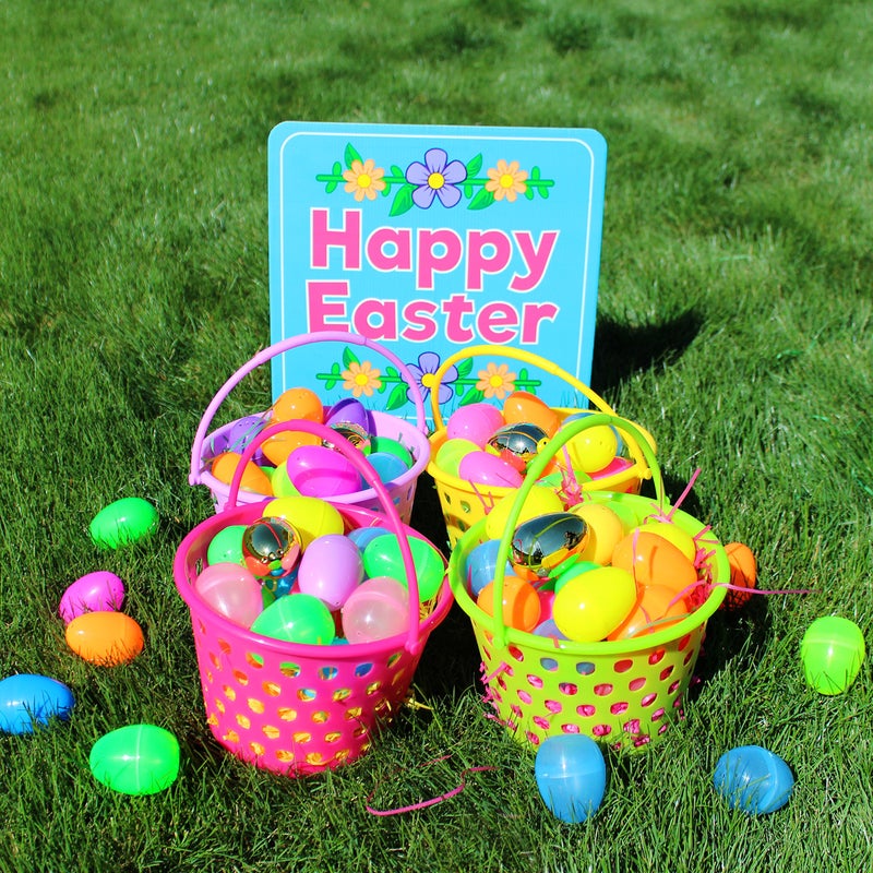 JOYIN 6 Pieces Easter Plastic Baskets with Handle and 55g Tricolors Grass for Garden Party Favors, Easter Eggs Hunt, Goodies Goody, Basket Fillers Stuffers Toy - Image 5