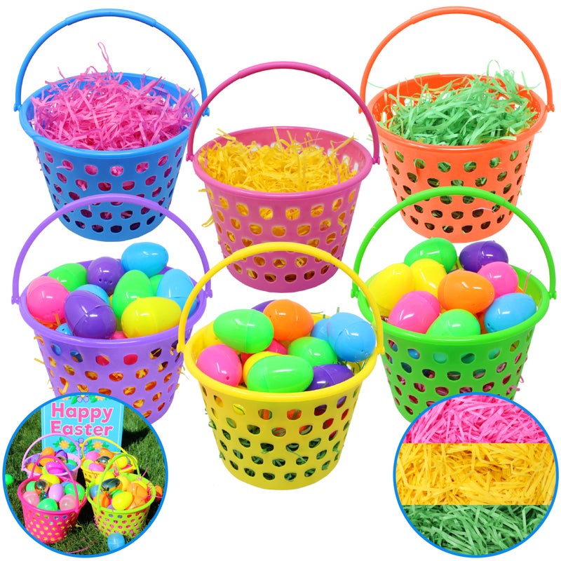 JOYIN 6 Pieces Easter Plastic Baskets with Handle and 55g Tricolors Grass for Garden Party Favors, Easter Eggs Hunt, Goodies Goody, Basket Fillers Stuffers Toy - Image 1