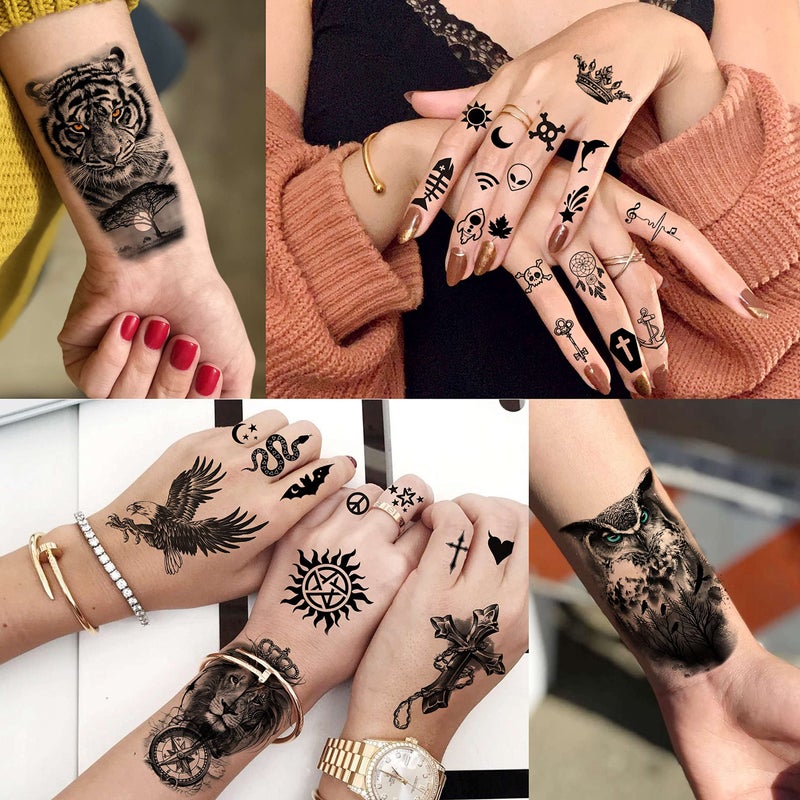 COKTAK 64 Sheets Large Black Arm Temporary Tattoos For Men Forearm Women Thigh, Half Sleeve Animals Lion Tiger Wolf Temp Tattoo Stickers Adults, Death Skull Compass Flower Fake Tattoos That Look Real - Image 5