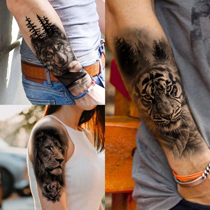 COKTAK 64 Sheets Large Black Arm Temporary Tattoos For Men Forearm Women Thigh, Half Sleeve Animals Lion Tiger Wolf Temp Tattoo Stickers Adults, Death Skull Compass Flower Fake Tattoos That Look Real - Image 2