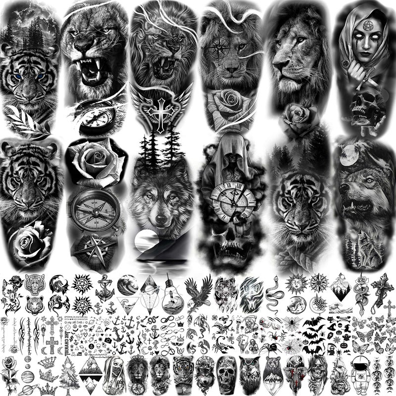 COKTAK 64 Sheets Large Black Arm Temporary Tattoos For Men Forearm Women Thigh, Half Sleeve Animals Lion Tiger Wolf Temp Tattoo Stickers Adults, Death Skull Compass Flower Fake Tattoos That Look Real - Image 1
