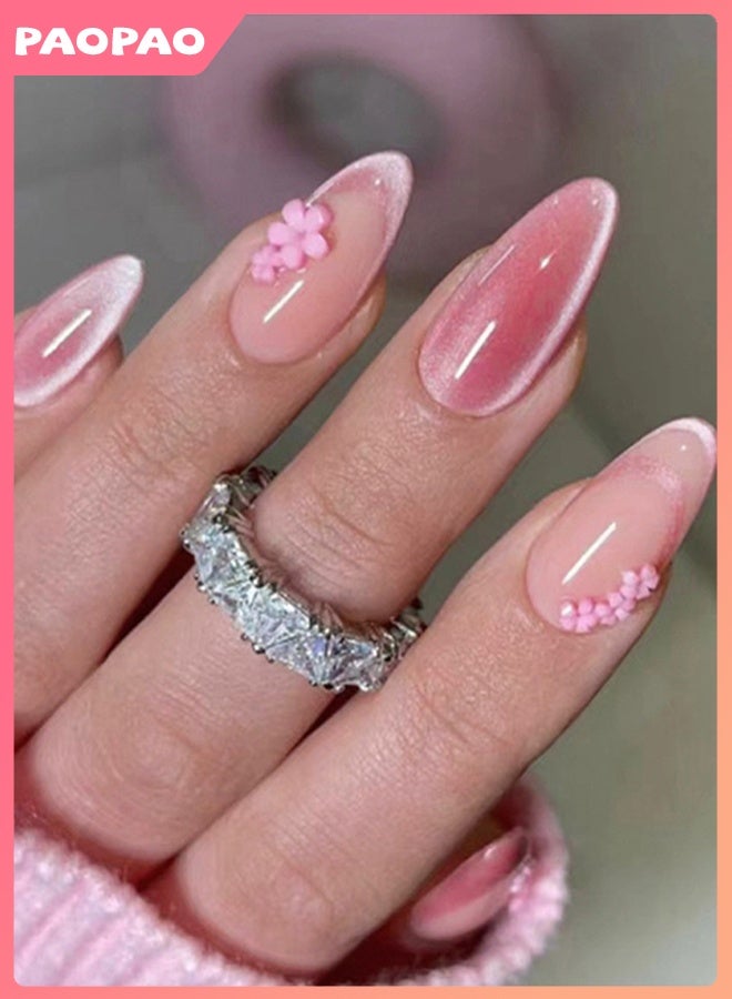 باو باو مجموعة مكونة من 24 ظفر صناعي طبيعي ورقيق ومريح بتصميم زهرة لامعة ولوزية، مع طرف فرنسي متوسط لامع، ومرفق معها مبرد أظافر وغراء هلامي، أظافر أكريليك كاملة قابلة لإعادة الاستخدام للسيدات والفتيات (باللون الوردي) - Image 1