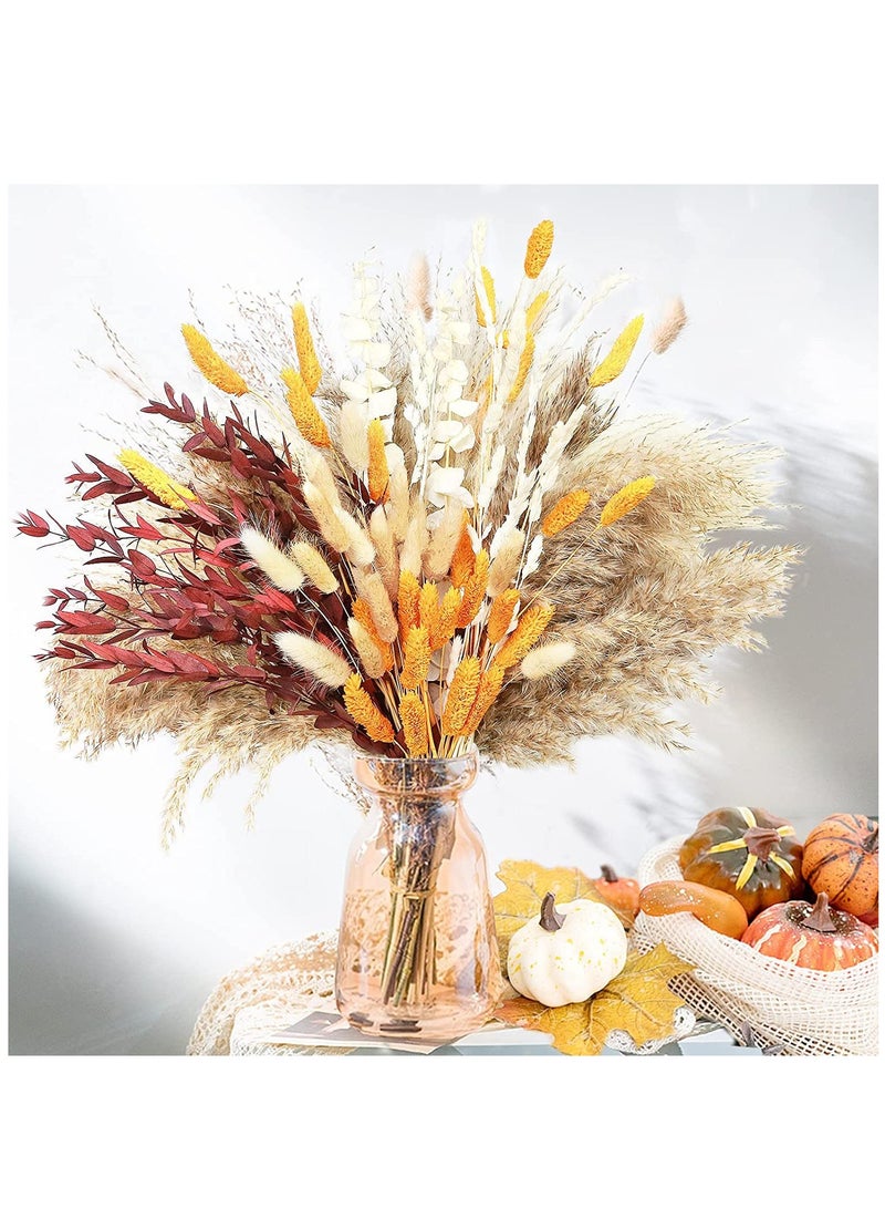 Y&D Dried Pampas Grass 100 Pcs Boho Natural Flowers Arrangements eucalyptus wheat Billy ball Bunny Tails for Home Decor Flower Living Room Balcony Wedding Party 