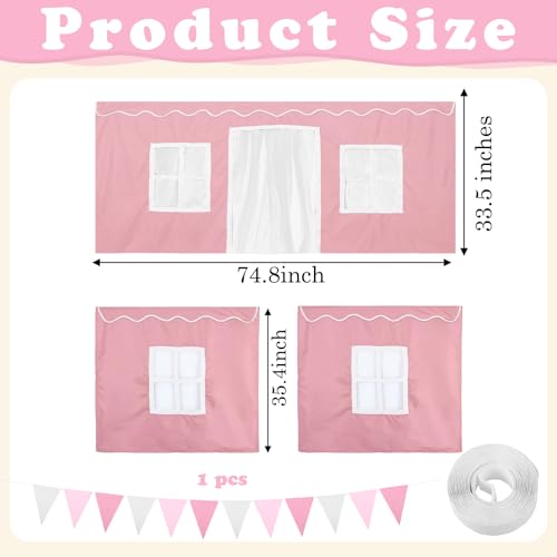 Breling 3 Panel Bunk Bed Curtains for Bottom Loft Bed Tent Set with Felt Flag DoubleLayer Twin Bunk Curtains Playhouse Accessories for Boy Girl BedroomPink and WhiteClassic - Image 3