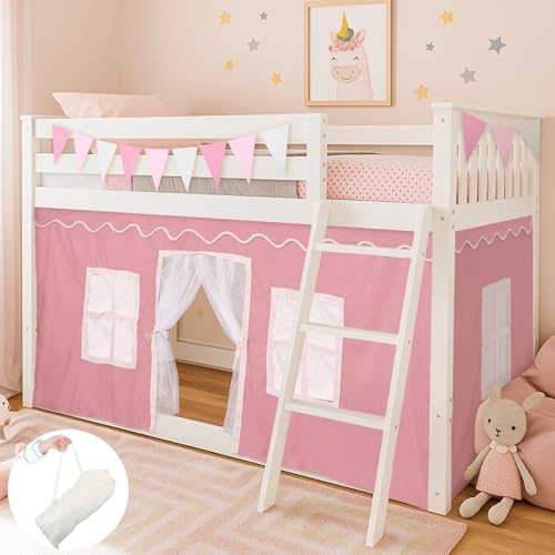 Breling 3 Panel Bunk Bed Curtains for Bottom Loft Bed Tent Set with Felt Flag DoubleLayer Twin Bunk Curtains Playhouse Accessories for Boy Girl BedroomPink and WhiteClassic - Image 1