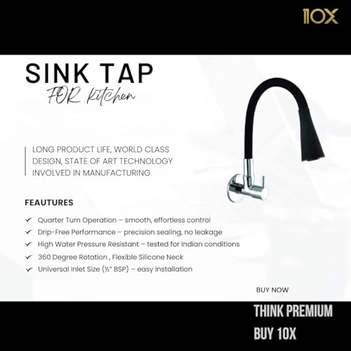 10X Sink Tap for Kitchen BL-9876 Flexible Neck Black Color Wall Mount, Chrome Finish (Double Flow), Metal - Image 2