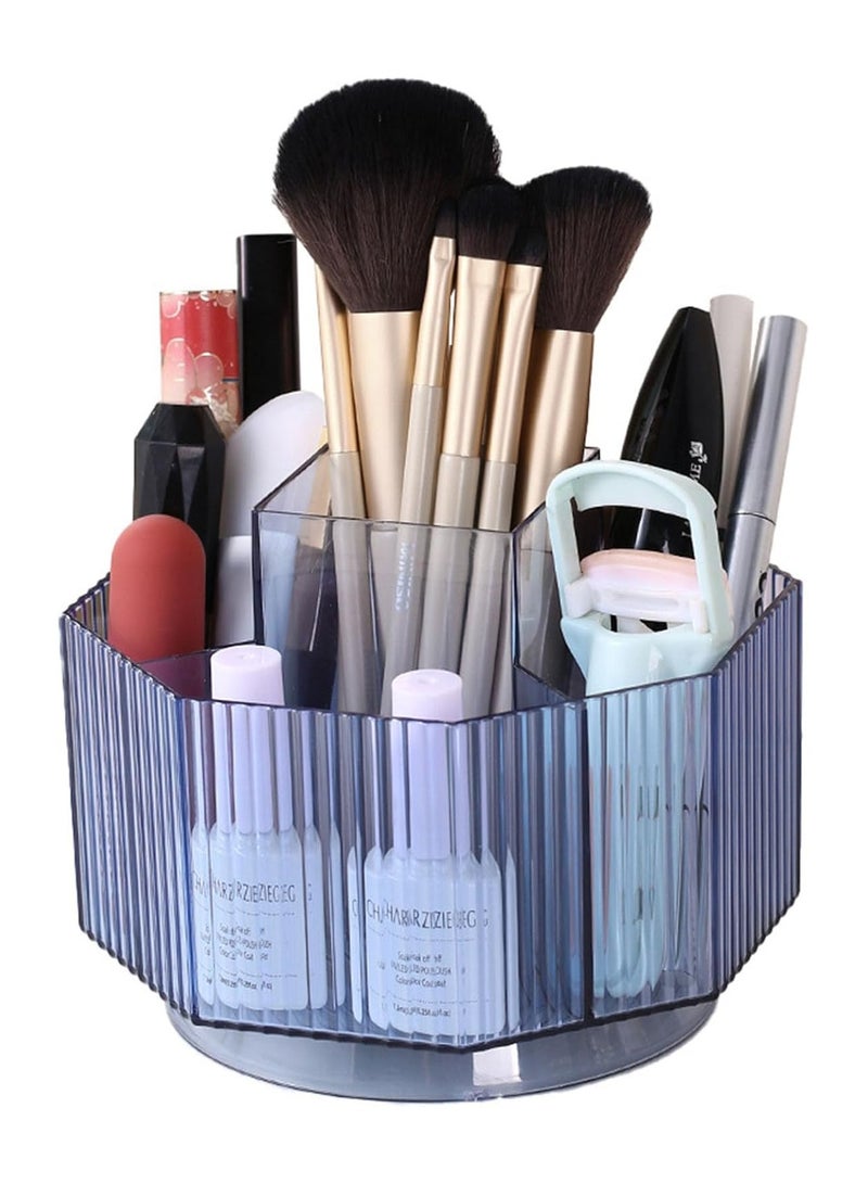 360°Rotating Makeup Organizer Holder Cosmetic Display Case Clear Makeup Brush Lip Gloss Organizer Case with 5 Slots Round Turntable Storage Tray for Vanity, Bathroom, Counter Organizer Blue  - Image 1