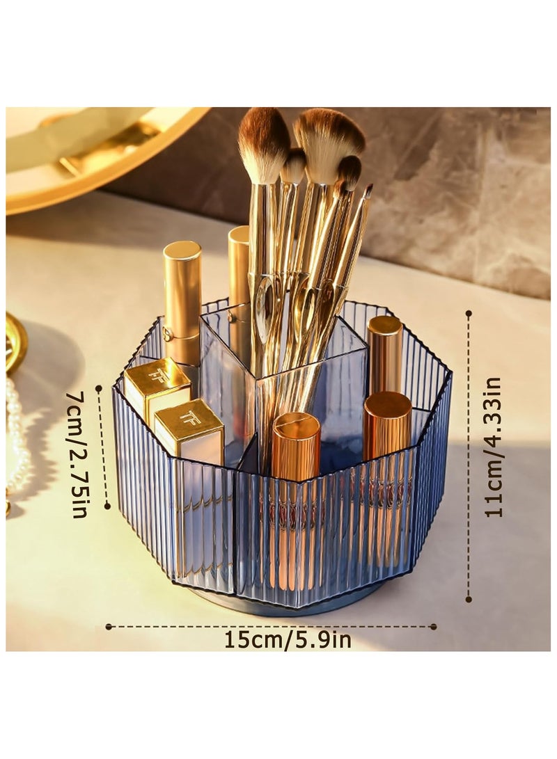 360°Rotating Makeup Organizer Holder Cosmetic Display Case Clear Makeup Brush Lip Gloss Organizer Case with 5 Slots Round Turntable Storage Tray for Vanity, Bathroom, Counter Organizer Blue  - Image 2