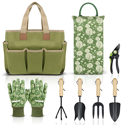 Colwelt Garden Tools Set, 8 Piece, Heavy Duty Gardening Tools with Wooden Handle, Including Garden Tote, Kneeling Pad, Gloves, Pruner, Trowel, Tulip Trowel, Cultivator - Gardening Gifts for Women Men - Image 1